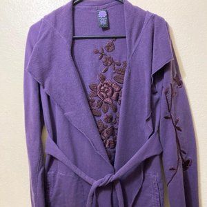 Vintage Lucky Brand Women's Purple Floral Embroidered Open Cardigan Size Small